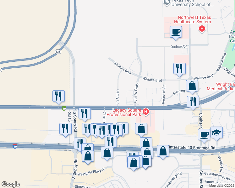 map of restaurants, bars, coffee shops, grocery stores, and more near Gentry Drive in Amarillo