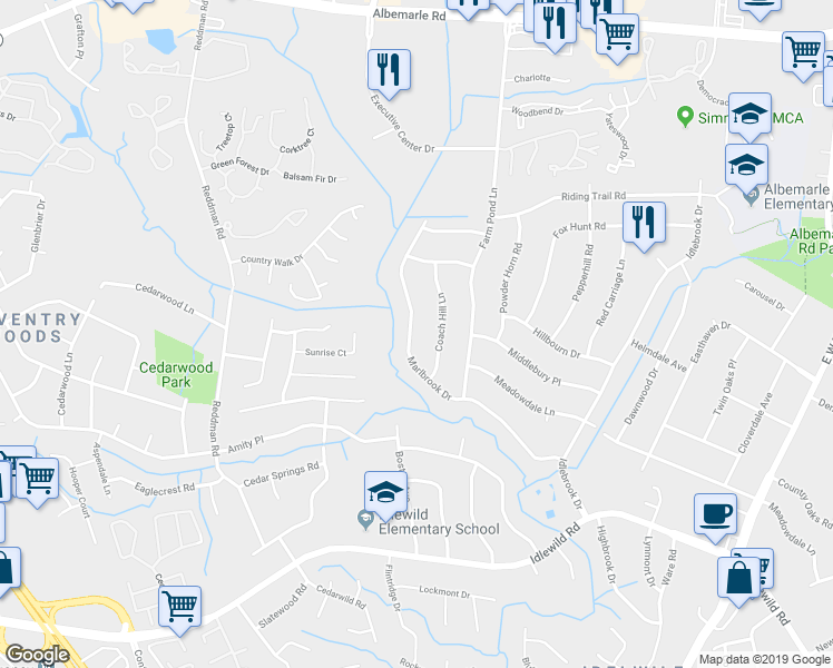 map of restaurants, bars, coffee shops, grocery stores, and more near 7035 Marlbrook Drive in Charlotte