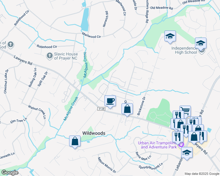 map of restaurants, bars, coffee shops, grocery stores, and more near 8534 Summerglen Circle in Charlotte