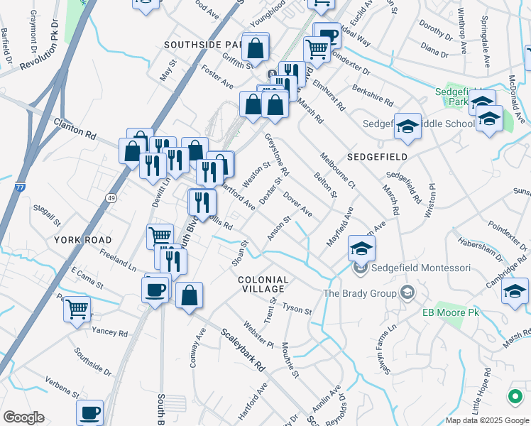 map of restaurants, bars, coffee shops, grocery stores, and more near 311 Hartford Avenue in Charlotte
