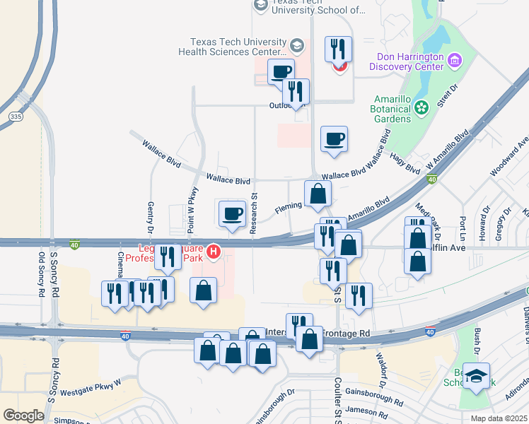 map of restaurants, bars, coffee shops, grocery stores, and more near 1849 Research Street in Amarillo