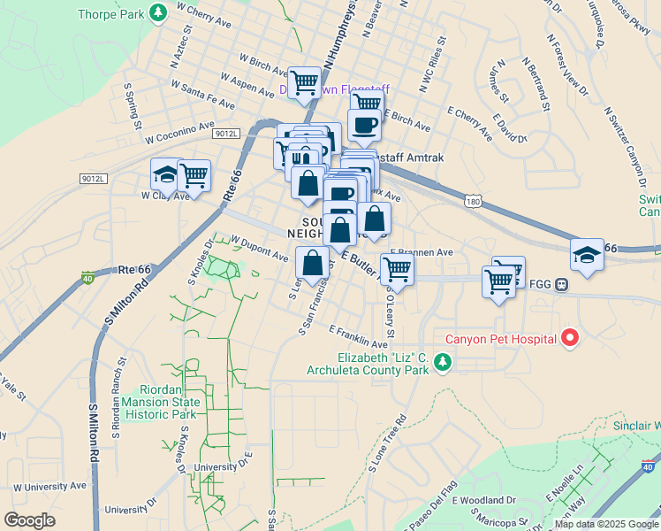 map of restaurants, bars, coffee shops, grocery stores, and more near 319 South San Francisco Street in Flagstaff