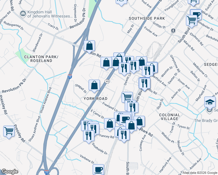 map of restaurants, bars, coffee shops, grocery stores, and more near 330 Yorkshire Drive in Charlotte