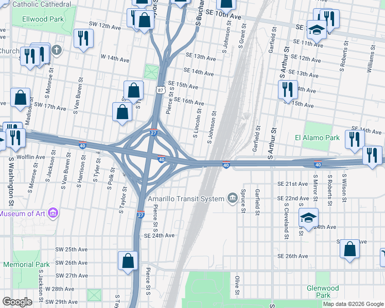 map of restaurants, bars, coffee shops, grocery stores, and more near 1899 South Lincoln Street in Amarillo