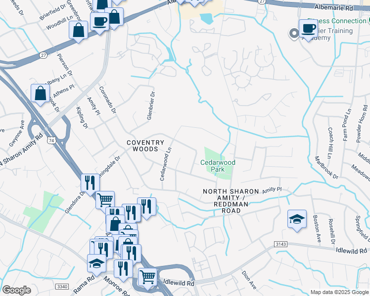 map of restaurants, bars, coffee shops, grocery stores, and more near 6417 Farmingdale Dr in Charlotte