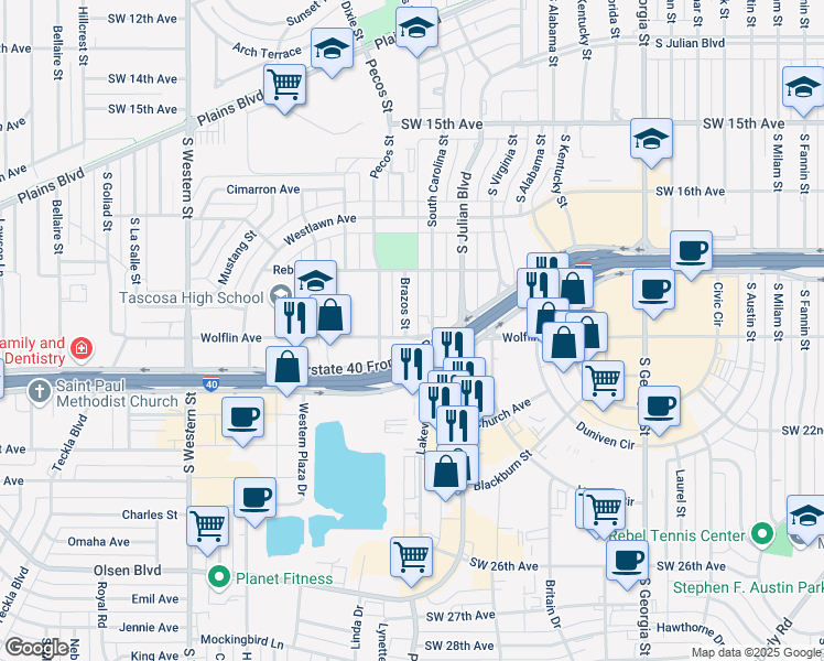 map of restaurants, bars, coffee shops, grocery stores, and more near 1919 Brazos Street in Amarillo