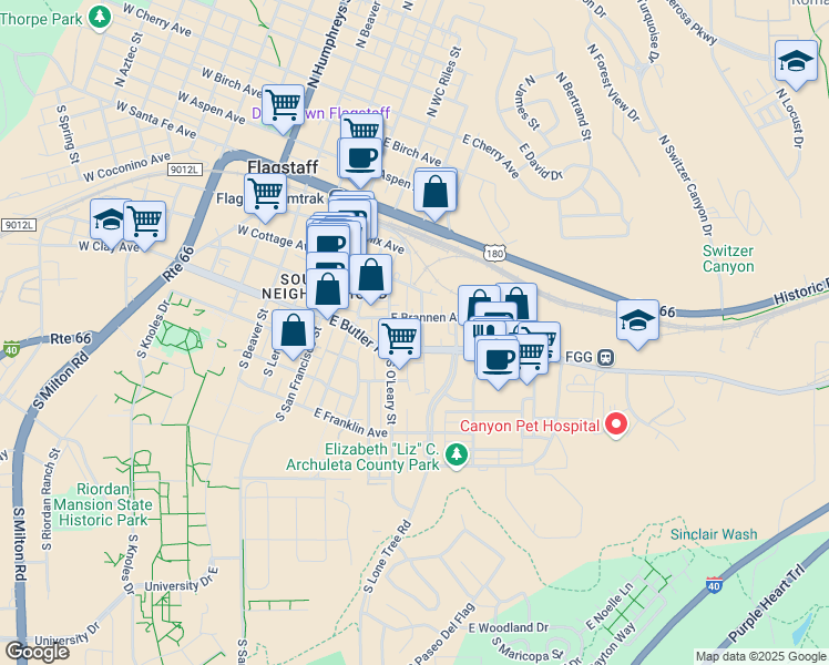 map of restaurants, bars, coffee shops, grocery stores, and more near 211 South Elden Street in Flagstaff