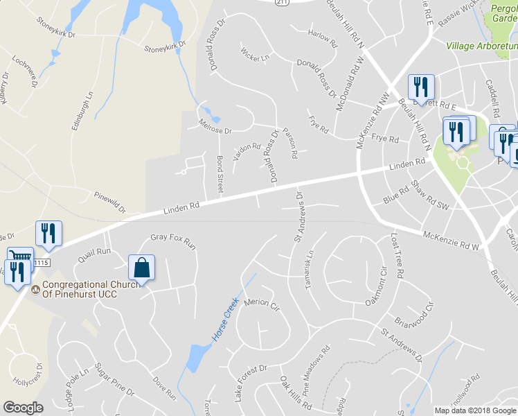 map of restaurants, bars, coffee shops, grocery stores, and more near 98 Linden Lane in Pinehurst