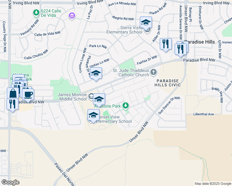 map of restaurants, bars, coffee shops, grocery stores, and more near 5944 Mafraq Avenue Northwest in Albuquerque