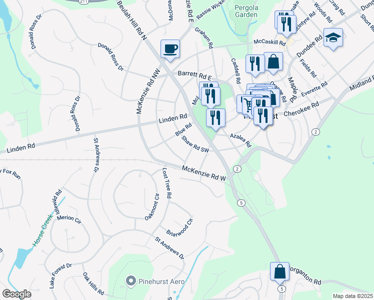 map of restaurants, bars, coffee shops, grocery stores, and more near 45 Ferguson Road in Pinehurst