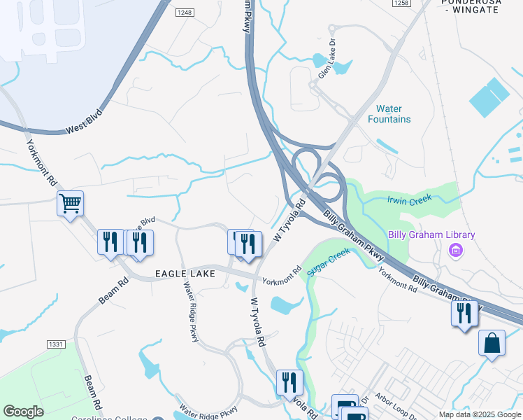 map of restaurants, bars, coffee shops, grocery stores, and more near 4101 Meadow Oak Drive in Charlotte