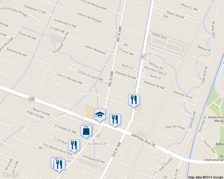 map of restaurants, bars, coffee shops, grocery stores, and more near 9800 4th Street Northwest in Albuquerque