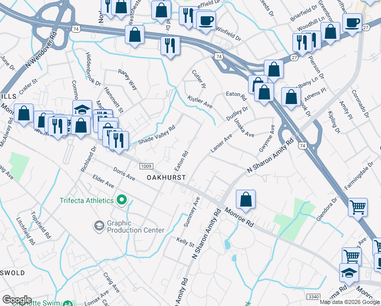 map of restaurants, bars, coffee shops, grocery stores, and more near 2058 Eaton Road in Charlotte