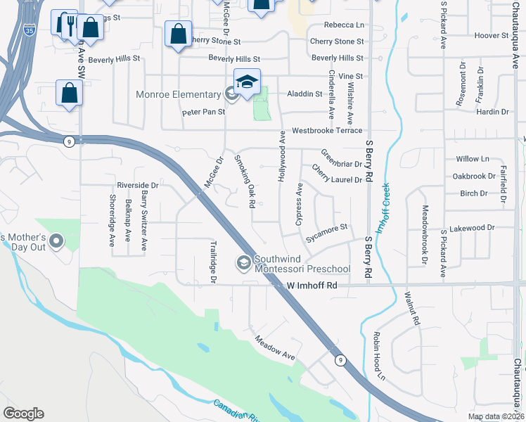 map of restaurants, bars, coffee shops, grocery stores, and more near 1716 Smoking Oak Pl in Norman