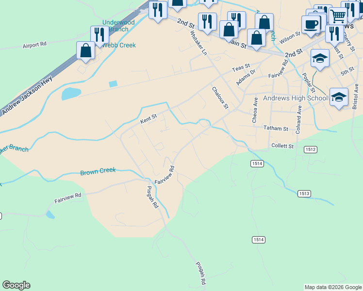 map of restaurants, bars, coffee shops, grocery stores, and more near 762 Fairview Road in Andrews