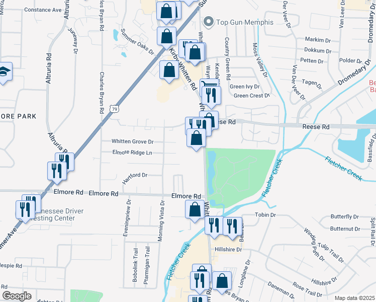 map of restaurants, bars, coffee shops, grocery stores, and more near 2439 Whitten Road in Memphis