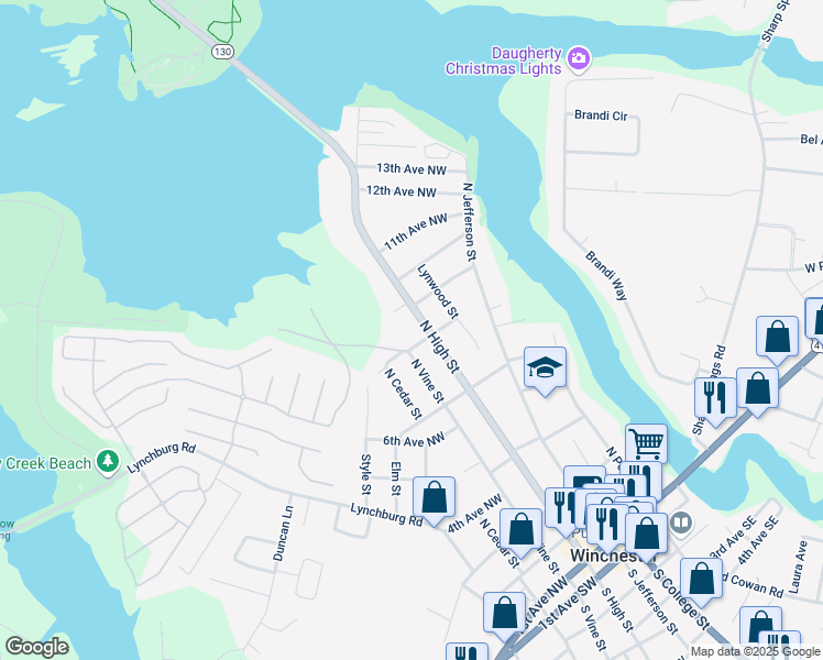map of restaurants, bars, coffee shops, grocery stores, and more near 801 North High Street in Winchester