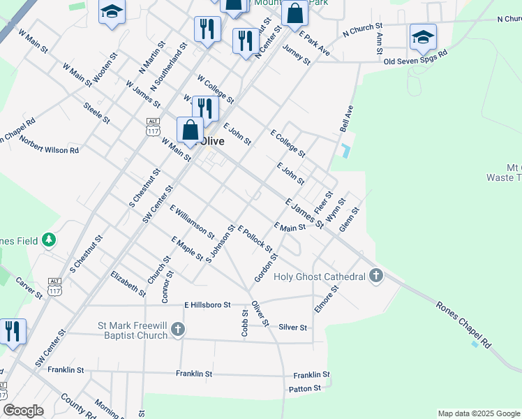 map of restaurants, bars, coffee shops, grocery stores, and more near 309 East Main Street in Mount Olive