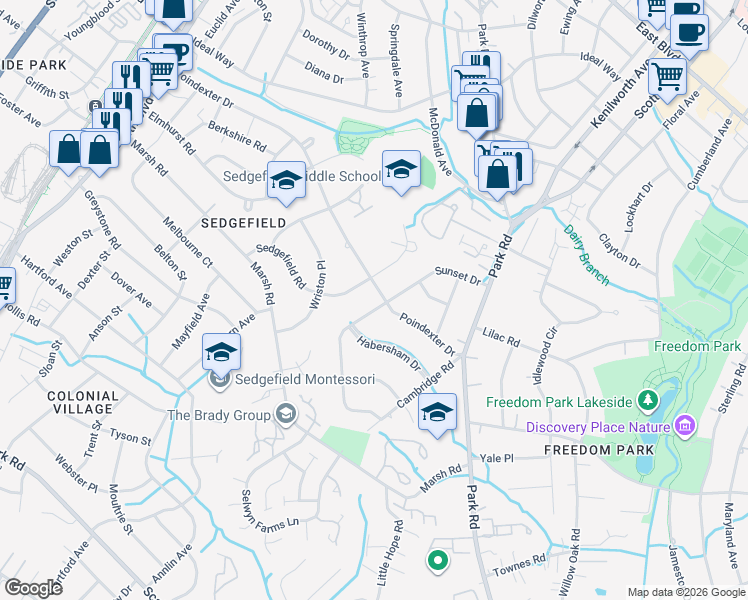 map of restaurants, bars, coffee shops, grocery stores, and more near 3014 Sunset Drive in Charlotte