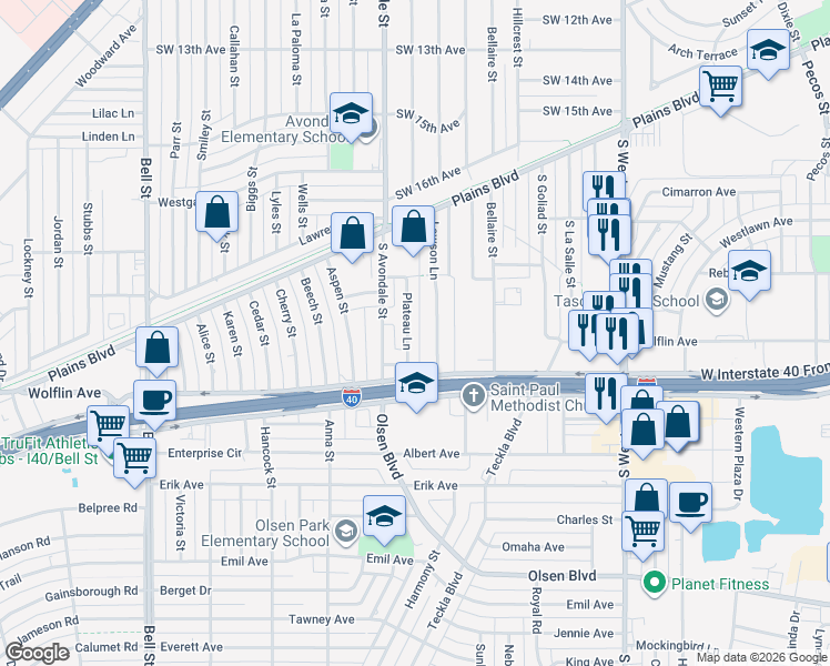 map of restaurants, bars, coffee shops, grocery stores, and more near 1821 Plateau Lane in Amarillo