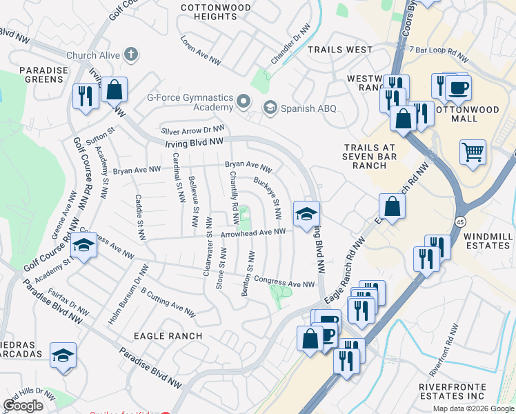 map of restaurants, bars, coffee shops, grocery stores, and more near 9924 Benton Street Northwest in Albuquerque