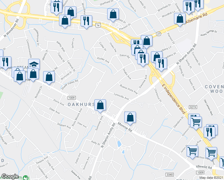map of restaurants, bars, coffee shops, grocery stores, and more near 2109 Lanier Avenue in Charlotte