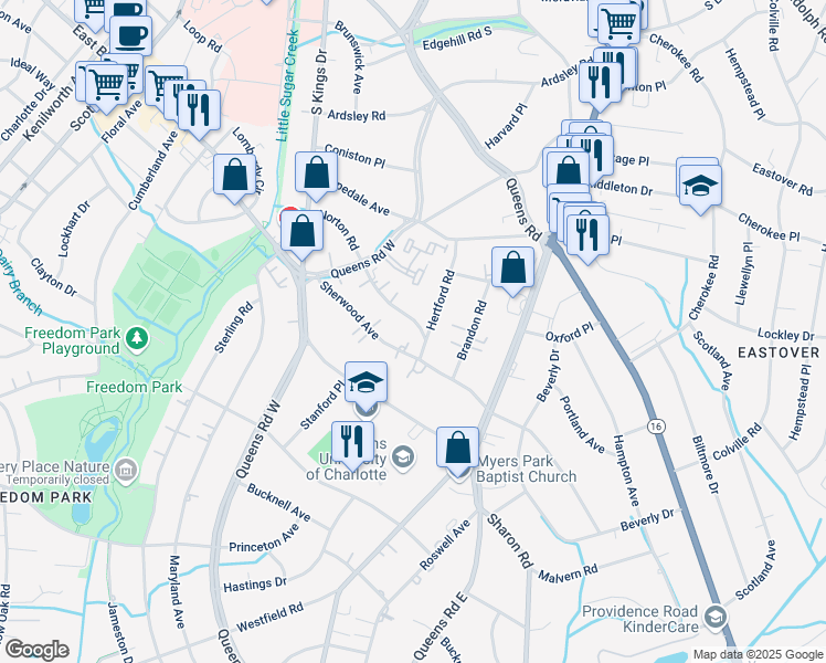 map of restaurants, bars, coffee shops, grocery stores, and more near 1659 Hertford Road in Charlotte