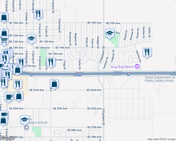 map of restaurants, bars, coffee shops, grocery stores, and more near 1715 Pryor Street in Amarillo