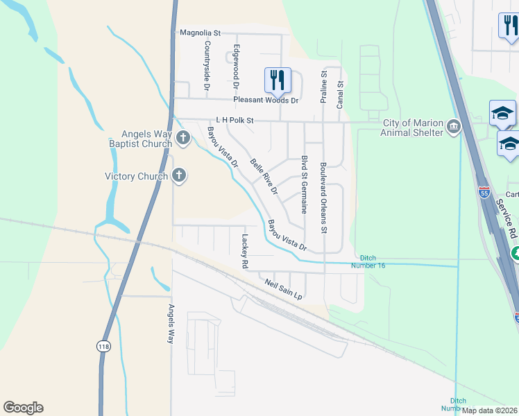 map of restaurants, bars, coffee shops, grocery stores, and more near 842 Bayou Vista Drive in Marion