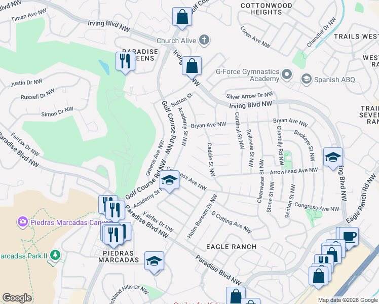 map of restaurants, bars, coffee shops, grocery stores, and more near 4633 Albany Court Northwest in Albuquerque