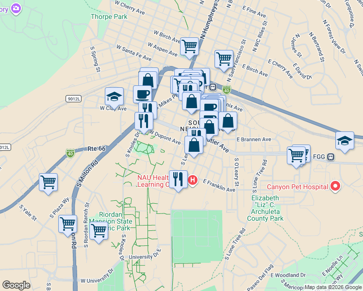 map of restaurants, bars, coffee shops, grocery stores, and more near 407 South Beaver Street in Flagstaff
