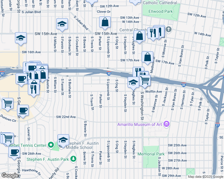 map of restaurants, bars, coffee shops, grocery stores, and more near 1306 Wolflin Avenue in Amarillo