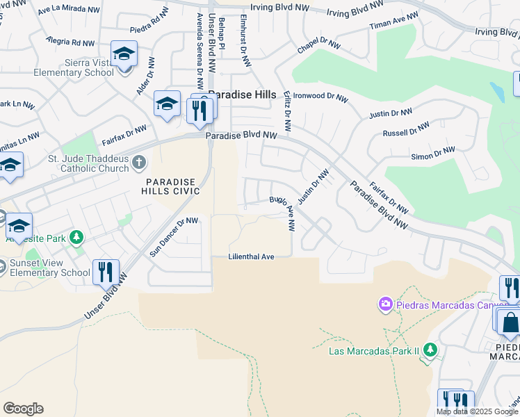 map of restaurants, bars, coffee shops, grocery stores, and more near 99999 Buglo Avenue Northwest in Albuquerque