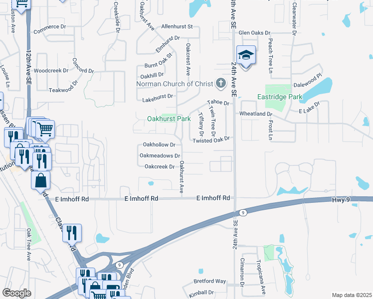 map of restaurants, bars, coffee shops, grocery stores, and more near 2105 Bois De Arc Cir in Norman