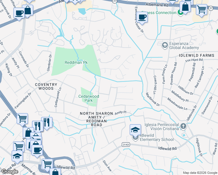 map of restaurants, bars, coffee shops, grocery stores, and more near 6500 Piney Path Rd in Charlotte