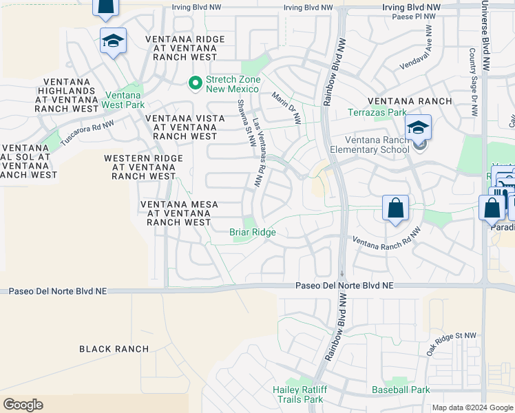 map of restaurants, bars, coffee shops, grocery stores, and more near 9909 Silverton Drive Northwest in Albuquerque
