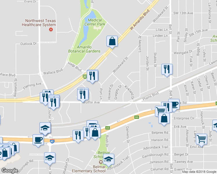 map of restaurants, bars, coffee shops, grocery stores, and more near 1918 Howard Drive in Amarillo