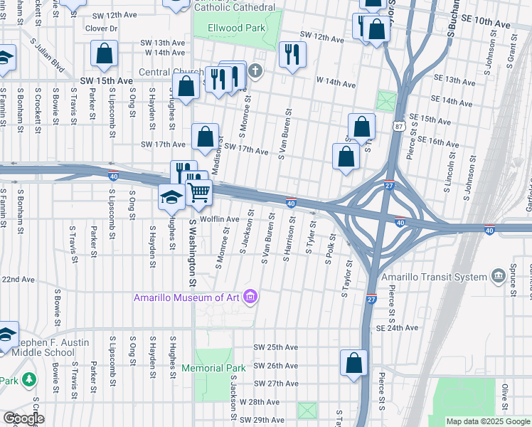 map of restaurants, bars, coffee shops, grocery stores, and more near 1912 South Van Buren Street in Amarillo