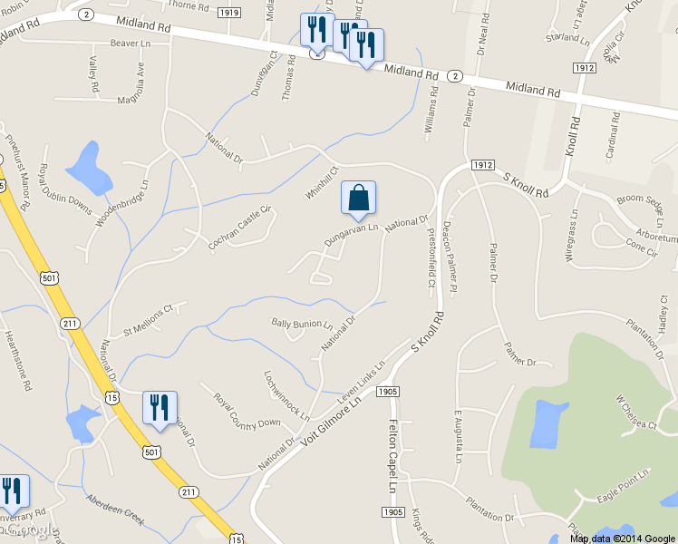 map of restaurants, bars, coffee shops, grocery stores, and more near 72 Dungarvan Lane in Pinehurst