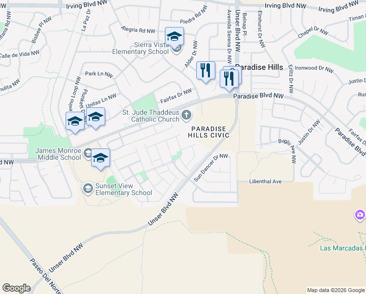 map of restaurants, bars, coffee shops, grocery stores, and more near 9619 Monolith Drive Northwest in Albuquerque
