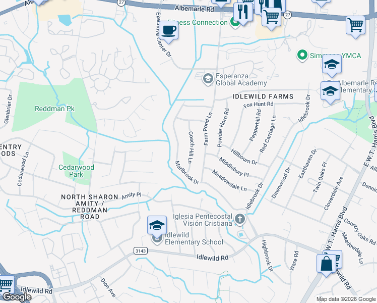 map of restaurants, bars, coffee shops, grocery stores, and more near 7035 Marlbrook Drive in Charlotte