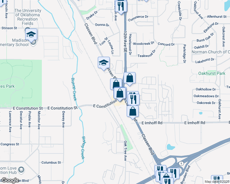 map of restaurants, bars, coffee shops, grocery stores, and more near 2536 Classen Boulevard in Norman
