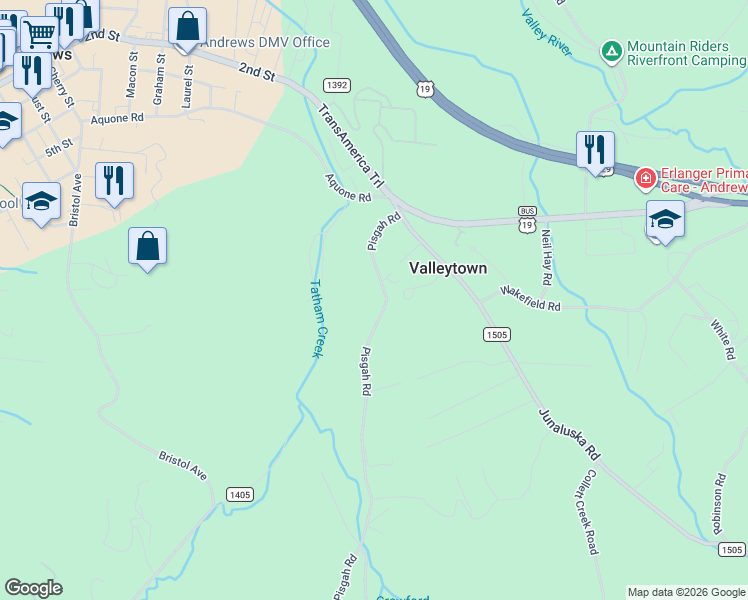 map of restaurants, bars, coffee shops, grocery stores, and more near 5637 Pisgah Road in Andrews