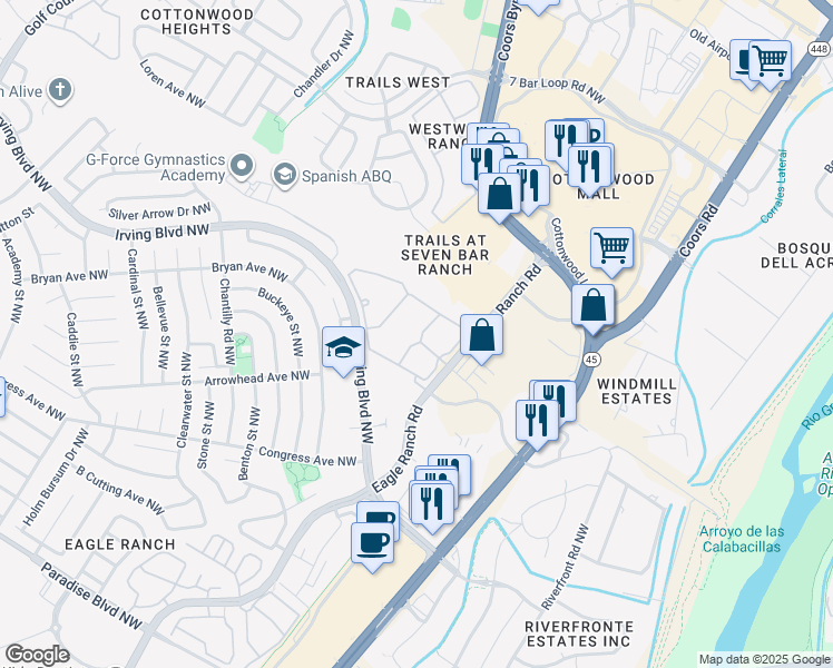 map of restaurants, bars, coffee shops, grocery stores, and more near 9669 Eagle Ranch Road in Albuquerque