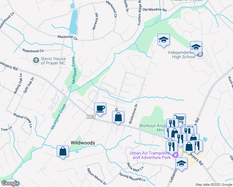 map of restaurants, bars, coffee shops, grocery stores, and more near 8804 Wandering Creek Way in Charlotte
