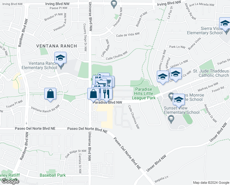 map of restaurants, bars, coffee shops, grocery stores, and more near 6428 Dante Lane Northwest in Albuquerque