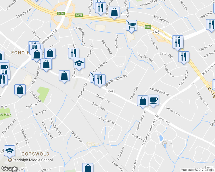 map of restaurants, bars, coffee shops, grocery stores, and more near 4811 Monroe Road in Charlotte