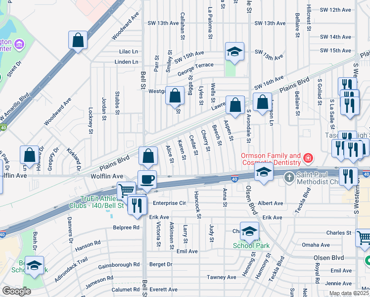 map of restaurants, bars, coffee shops, grocery stores, and more near 1911 Karen Street in Amarillo