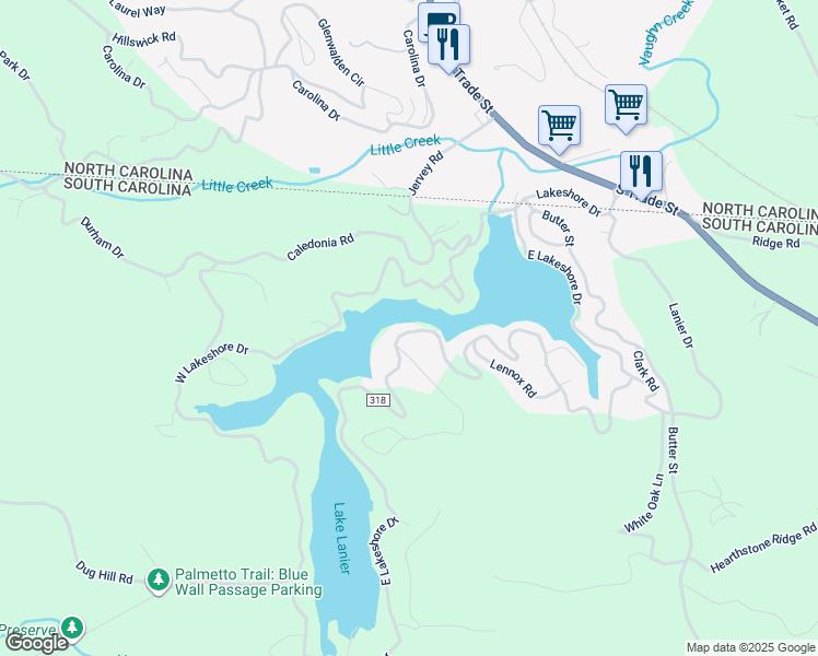map of restaurants, bars, coffee shops, grocery stores, and more near 1004 East Lakeshore Drive in Landrum