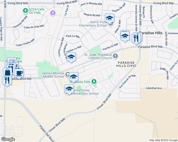 map of restaurants, bars, coffee shops, grocery stores, and more near 5944 Mafraq Avenue Northwest in Albuquerque